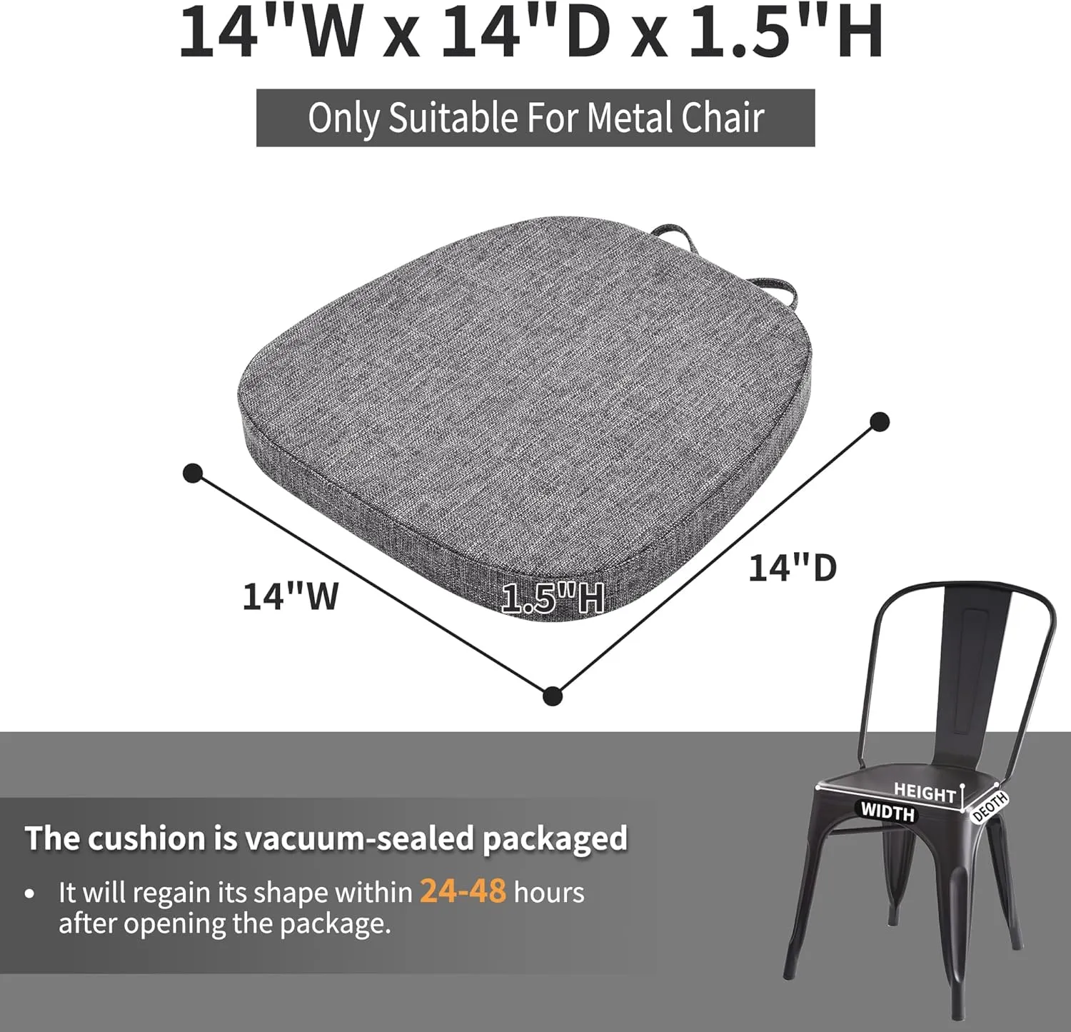 baibu Set of 4 Metal Chair Cushions with Ties, 14In Non-Slip Metal Dining Chair Pads Kitchen Seat Cushion with Machine Washable Cover, 14x14x1.5in, Grey