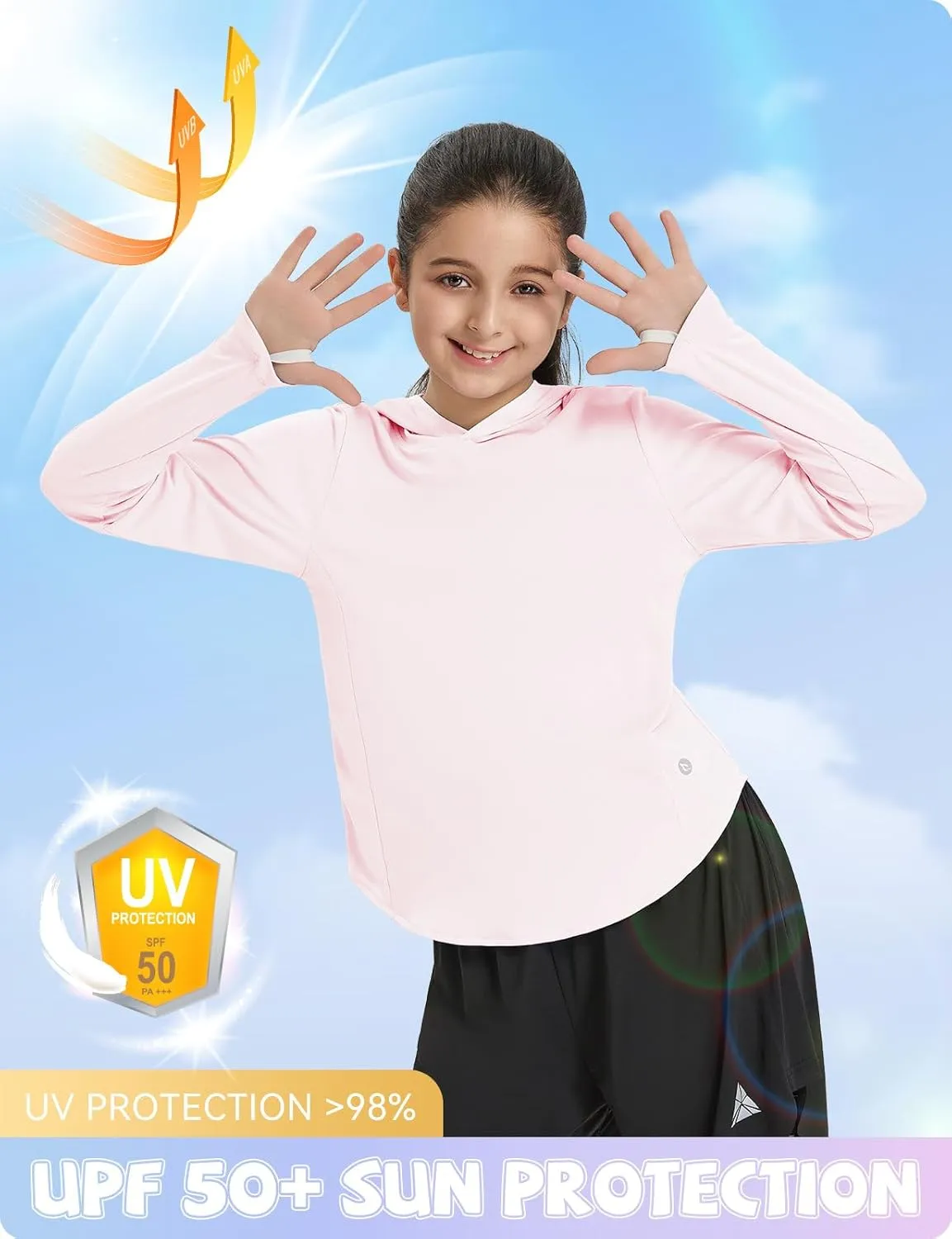 baleaf Girl's Sun Shirt UPF50 UV Protection Long Sleeve Kids SPF Athletic Hoodie Rash Guard Tops Clothing