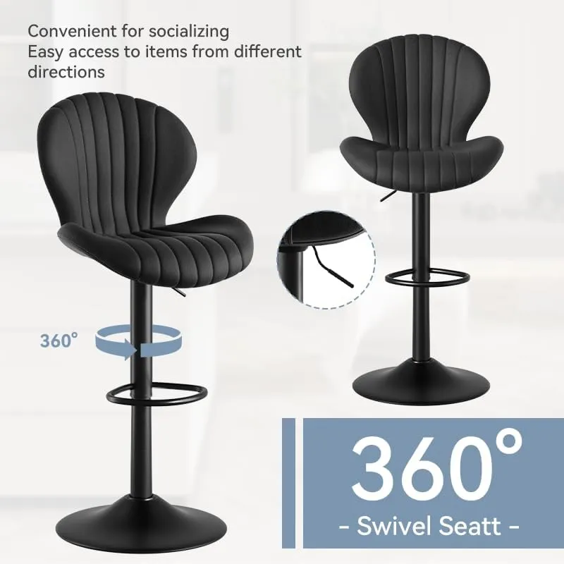 Bar Stools Set of 2 Modern Swivel Bar Chairs, Sunburst-Line Design Adjustable Barstools with Footrest and High Backrest, 360° Rotation Height Adjustable (23.6"-33.5"), 300lbs Max Load (Black)