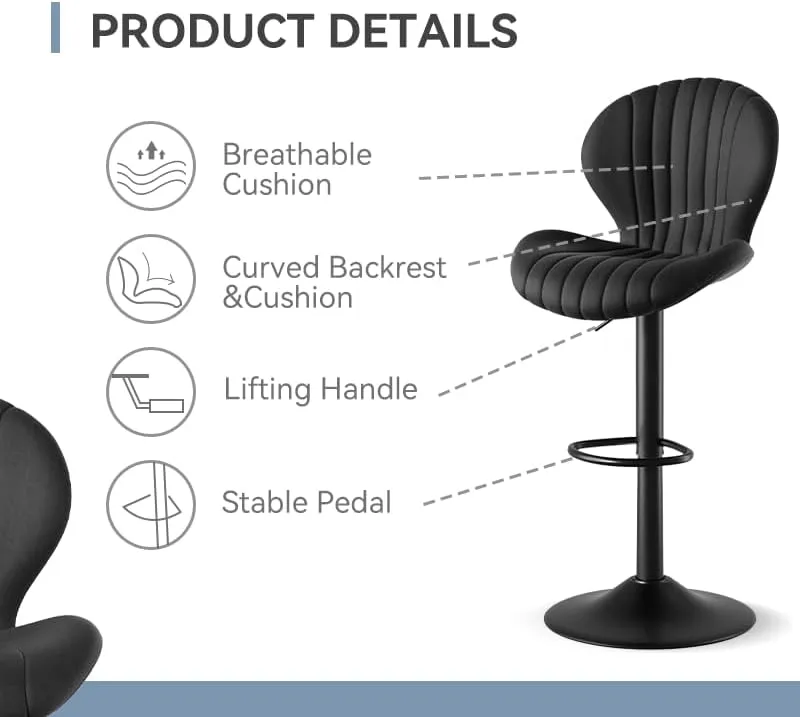 Bar Stools Set of 2 Modern Swivel Bar Chairs, Sunburst-Line Design Adjustable Barstools with Footrest and High Backrest, 360° Rotation Height Adjustable (23.6"-33.5"), 300lbs Max Load (Black)