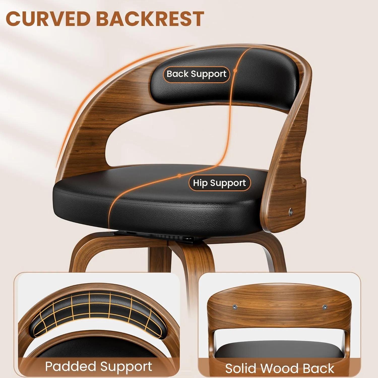 Bar Stools Set of 3, 26" Counter Height Barstools with Bentwood Legs, Swivel Counter Stools with Back, Mid Century Modern Faux Leather Upholstered Bar Chairs for Kitchen Island, Black