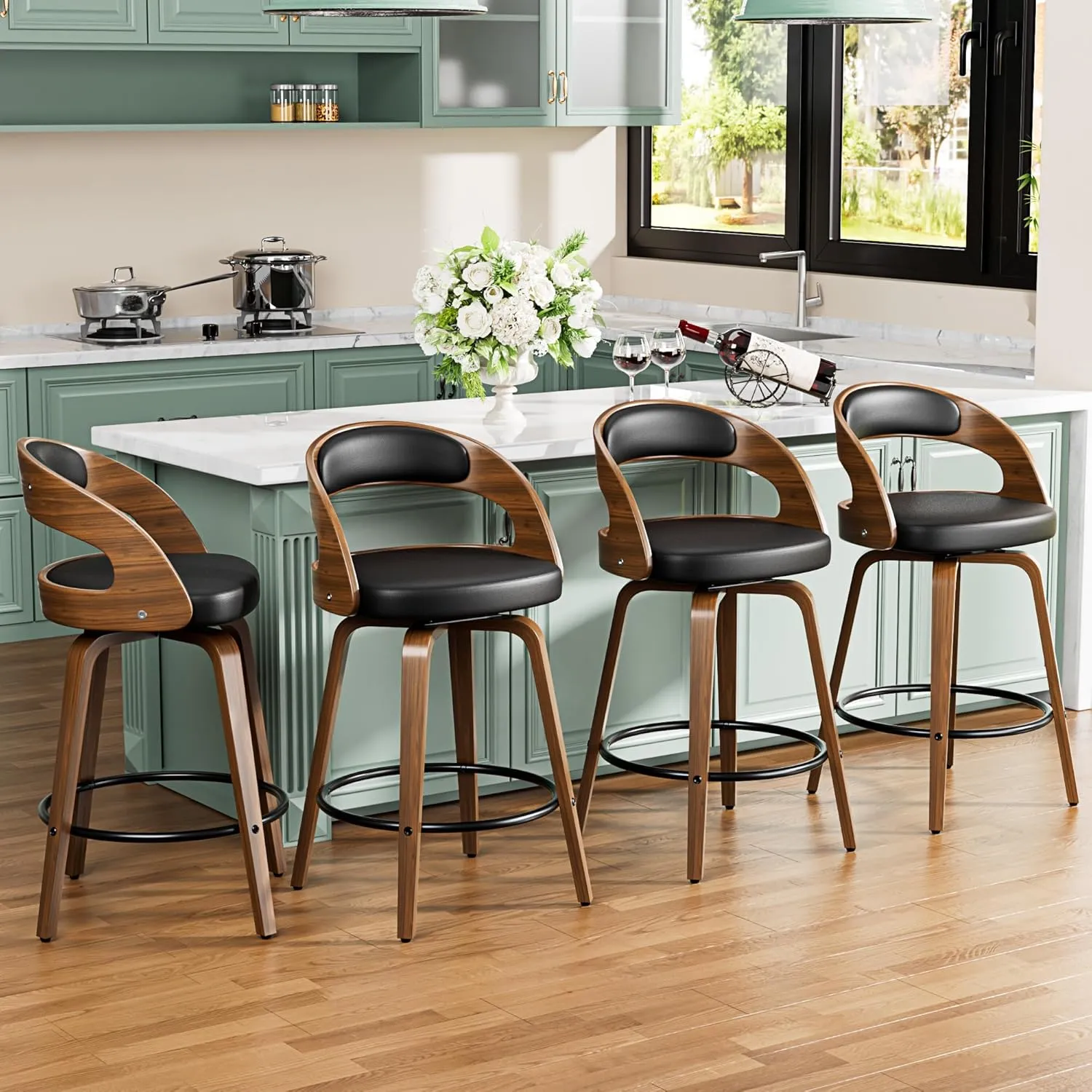 Bar Stools Set of 3, 26" Counter Height Barstools with Bentwood Legs, Swivel Counter Stools with Back, Mid Century Modern Faux Leather Upholstered Bar Chairs for Kitchen Island, Black