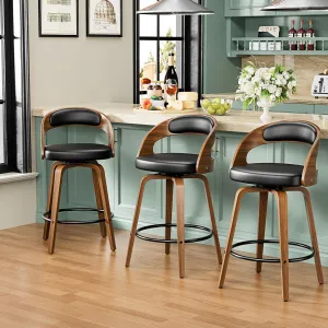 Bar Stools Set of 3, 26" Counter Height Barstools with Bentwood Legs, Swivel Counter Stools with Back, Mid Century Modern Faux Leather Upholstered Bar Chairs for Kitchen Island, Black