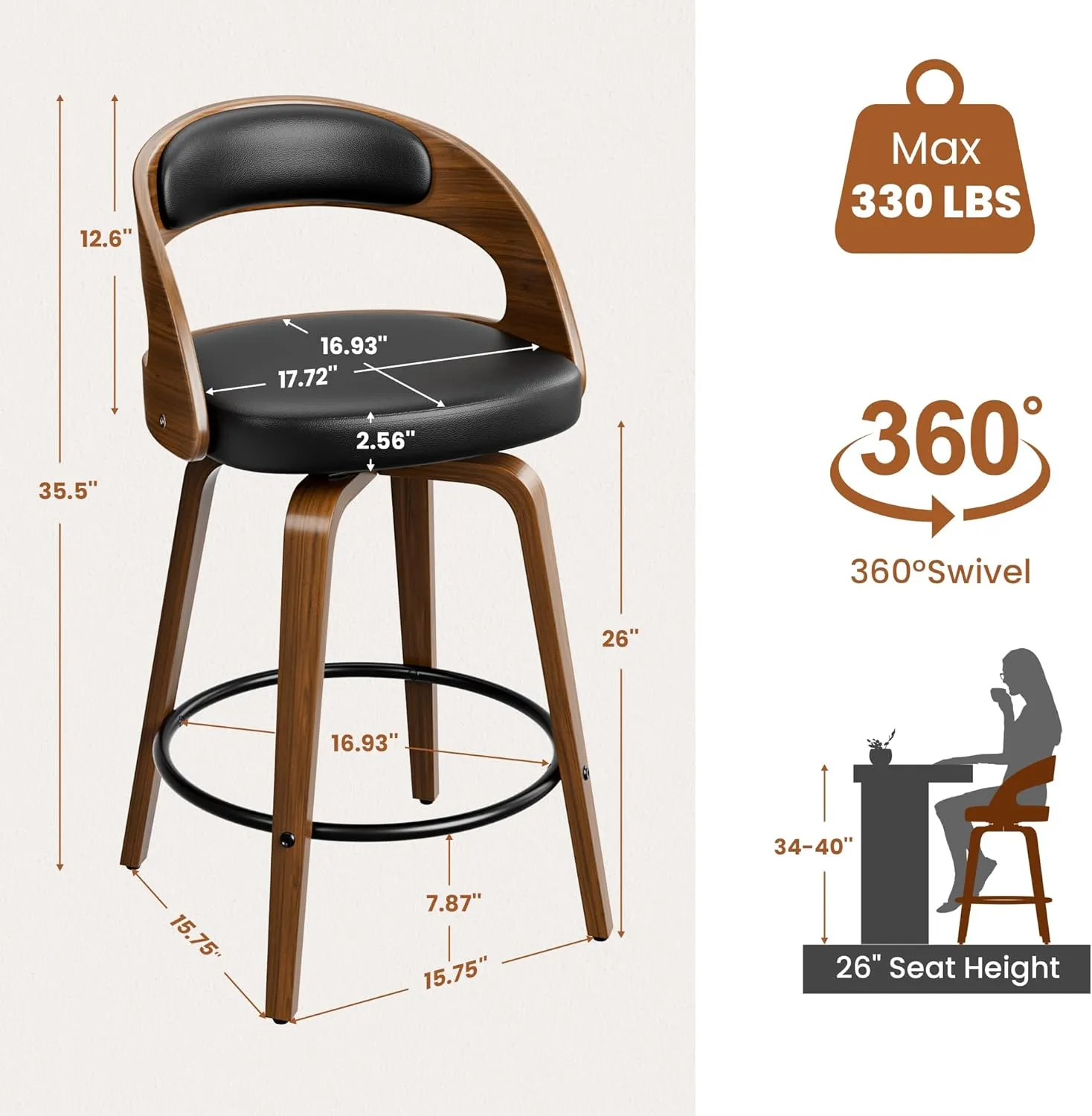 Bar Stools Set of 3, 26" Counter Height Barstools with Bentwood Legs, Swivel Counter Stools with Back, Mid Century Modern Faux Leather Upholstered Bar Chairs for Kitchen Island, Black