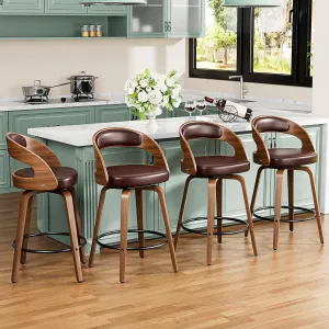 Bar Stools Set of 4, 26" Counter Height Barstools with Bentwood Legs, Swivel Counter Stools with Back, Mid Century Modern Faux Leather Upholstered Bar Chairs for Kitchen Island, Brown