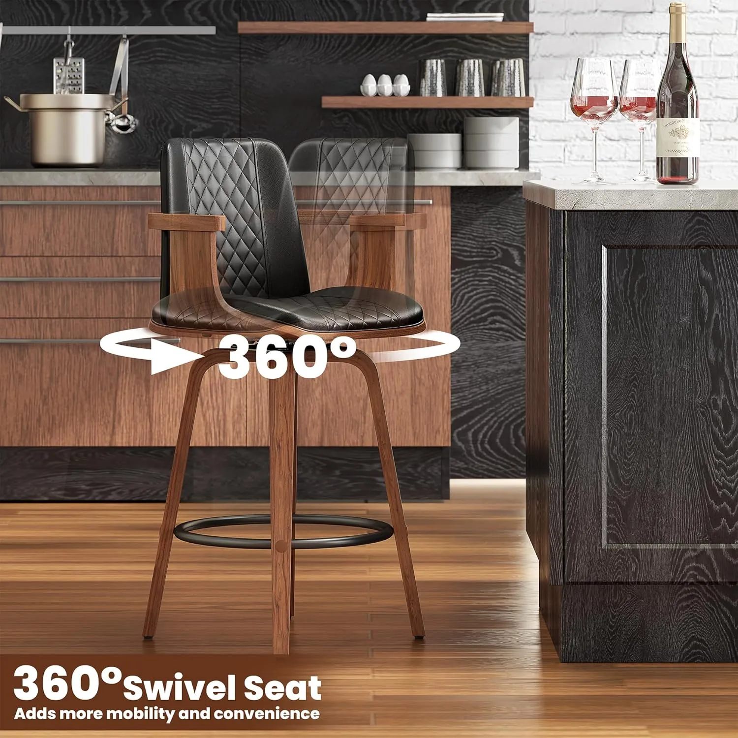 Bar Stools with Arms Set of 2, 26 inch Bentwood Swivel Counter Height Bar Stools with Back and Wood Legs, Modern PU Leather Upholstered Bar Chairs for Kitchen Island, Black