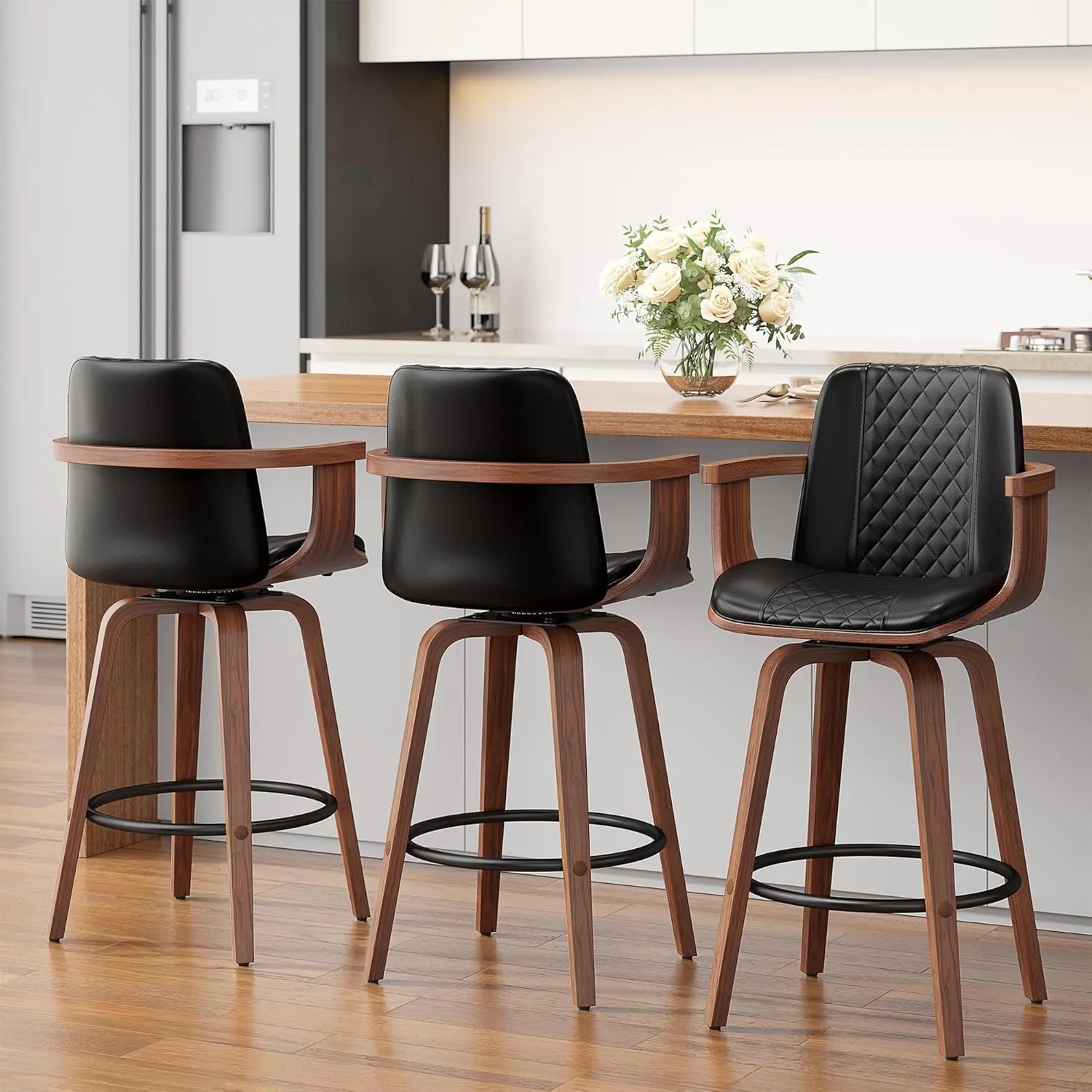 Bar Stools with Arms Set of 2, 26 inch Bentwood Swivel Counter Height Bar Stools with Back and Wood Legs, Modern PU Leather Upholstered Bar Chairs for Kitchen Island, Black