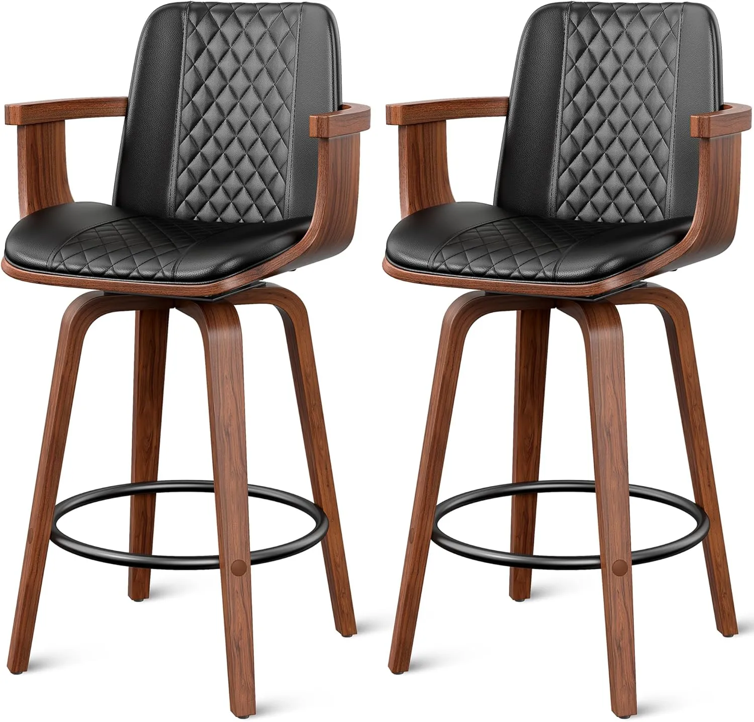 Bar Stools with Arms Set of 2, 26 inch Bentwood Swivel Counter Height Bar Stools with Back and Wood Legs, Modern PU Leather Upholstered Bar Chairs for Kitchen Island, Black