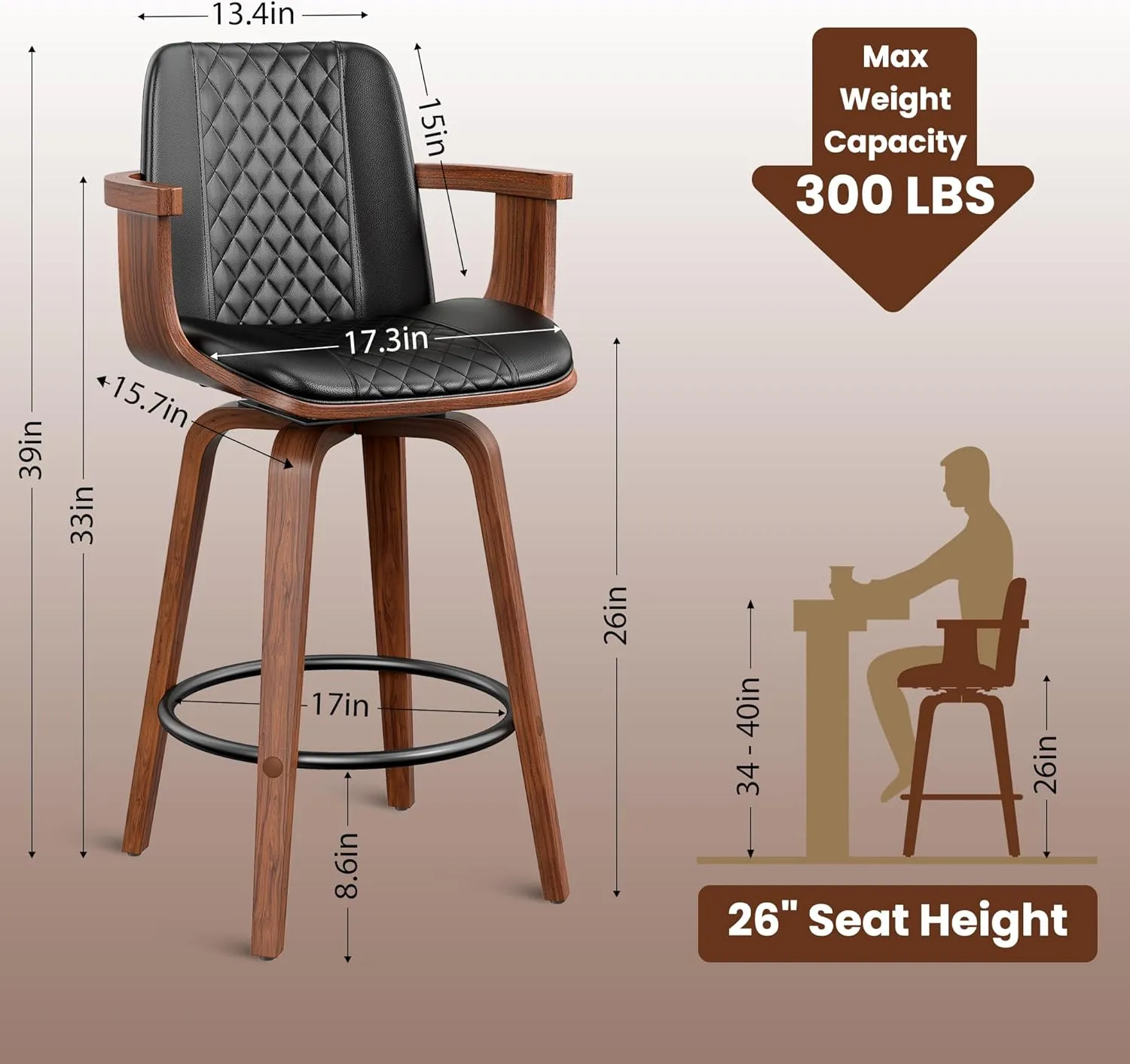 Bar Stools with Arms Set of 2, 26 inch Bentwood Swivel Counter Height Bar Stools with Back and Wood Legs, Modern PU Leather Upholstered Bar Chairs for Kitchen Island, Black