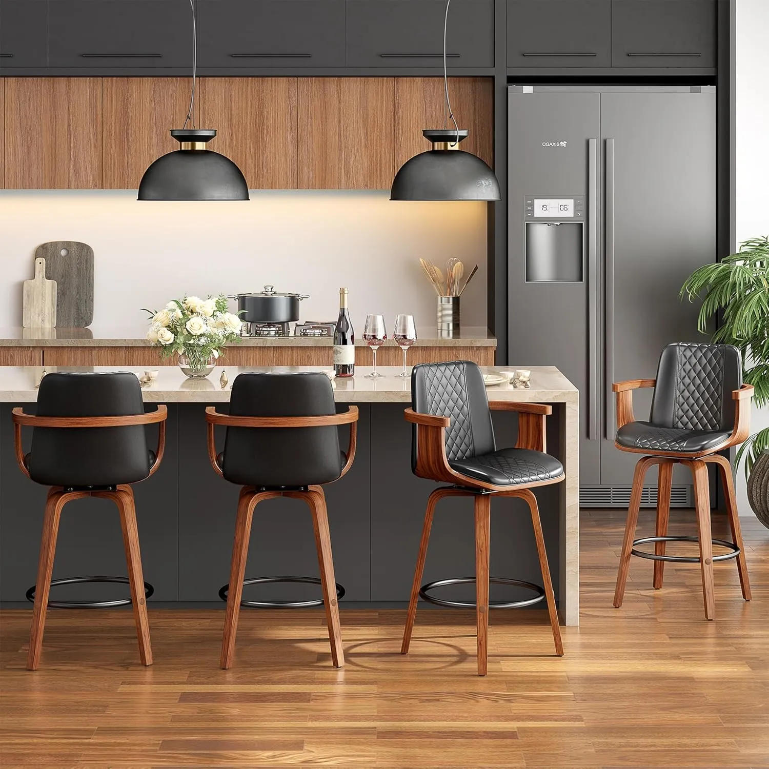 Bar Stools with Arms Set of 2, 26 inch Bentwood Swivel Counter Height Bar Stools with Back and Wood Legs, Modern PU Leather Upholstered Bar Chairs for Kitchen Island, Black