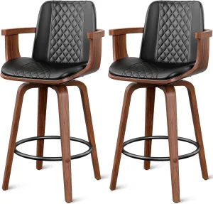 Bar Stools with Arms Set of 2, 26 inch Bentwood Swivel Counter Height Bar Stools with Back and Wood Legs, Modern PU Leather Upholstered Bar Chairs for Kitchen Island, Black