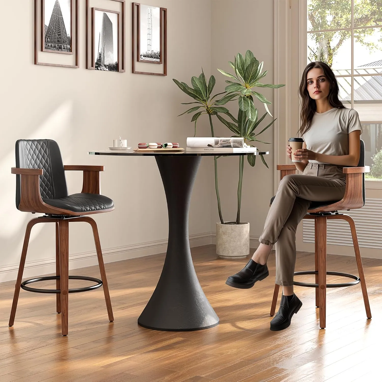 Bar Stools with Arms Set of 2, 26 inch Bentwood Swivel Counter Height Bar Stools with Back and Wood Legs, Modern PU Leather Upholstered Bar Chairs for Kitchen Island, Black