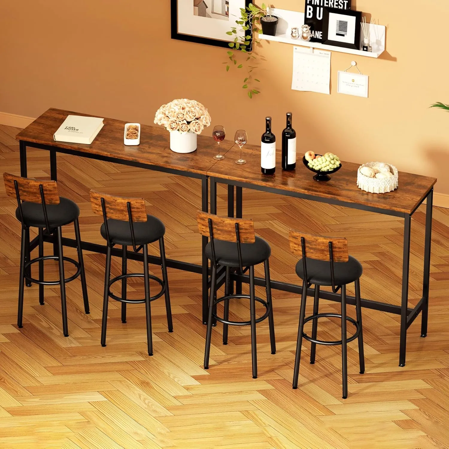 Bar Stools with Back, High Kitchen Barstools with Back, Counter Stools Bar Chairs with Backrest, Footrest, Industrial Seat for Dining Room Kitchen Bar (Rustic Brown and Black)