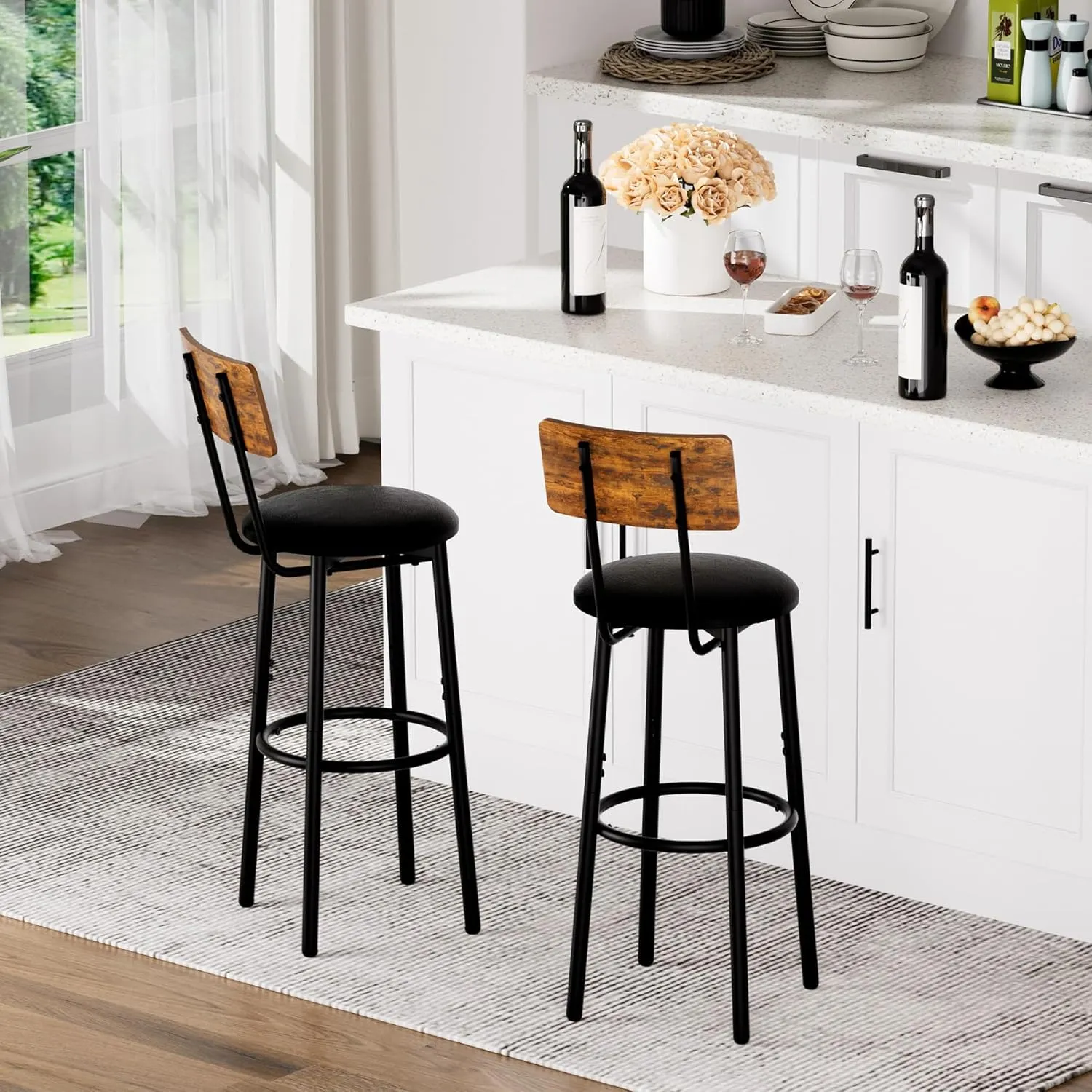 Bar Stools with Back, High Kitchen Barstools with Back, Counter Stools Bar Chairs with Backrest, Footrest, Industrial Seat for Dining Room Kitchen Bar (Rustic Brown and Black)