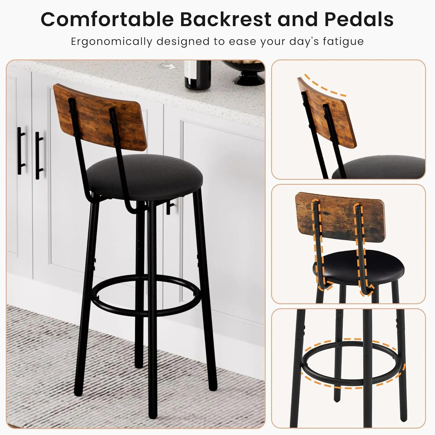 Bar Stools with Back, High Kitchen Barstools with Back, Counter Stools Bar Chairs with Backrest, Footrest, Industrial Seat for Dining Room Kitchen Bar (Rustic Brown and Black)