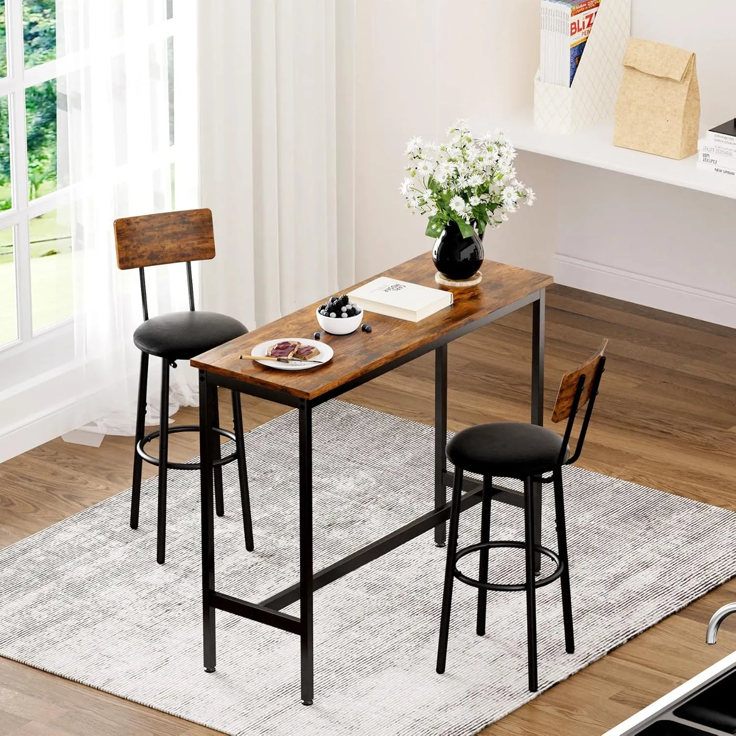 Bar Stools with Back, High Kitchen Barstools with Back, Counter Stools Bar Chairs with Backrest, Footrest, Industrial Seat for Dining Room Kitchen Bar (Rustic Brown and Black)