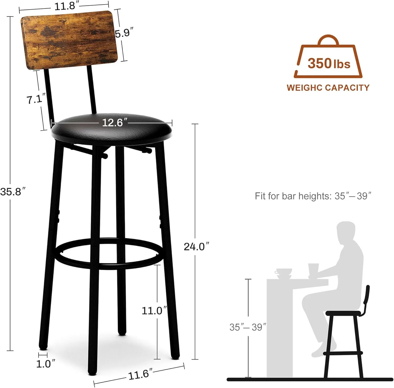Bar Stools with Back, High Kitchen Barstools with Back, Counter Stools Bar Chairs with Backrest, Footrest, Industrial Seat for Dining Room Kitchen Bar (Rustic Brown and Black)