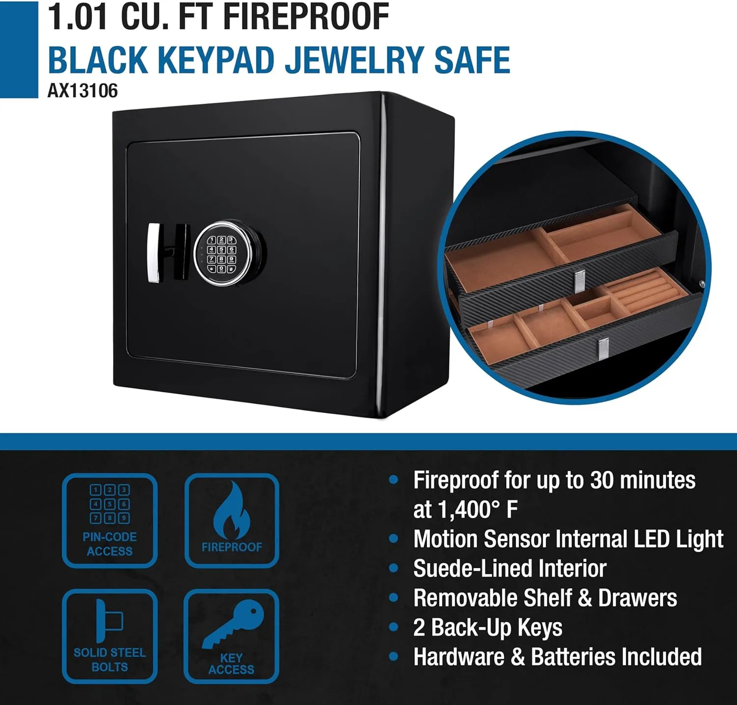 Barska Digital Keypad Fireproof Jewelry Safe 1.01 Cubic Ft, One Size, Black AX13106