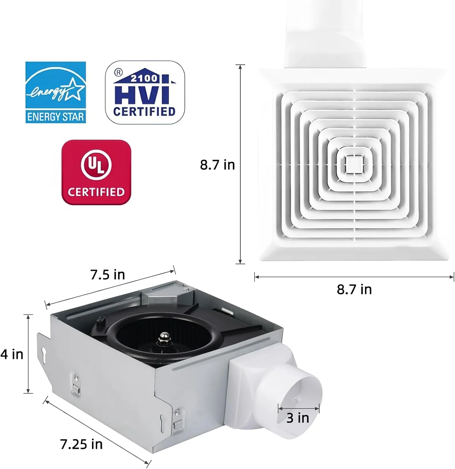 Bathroom Exhaust Fan 70CFM 1.5Sone, Quiet Bath Fan with 3inch duct for Bathroom Ceiling, Energy-Saving Household Ventilation Fan,Ceiling or Wall Mounted, Classic White Grille (70CFM)