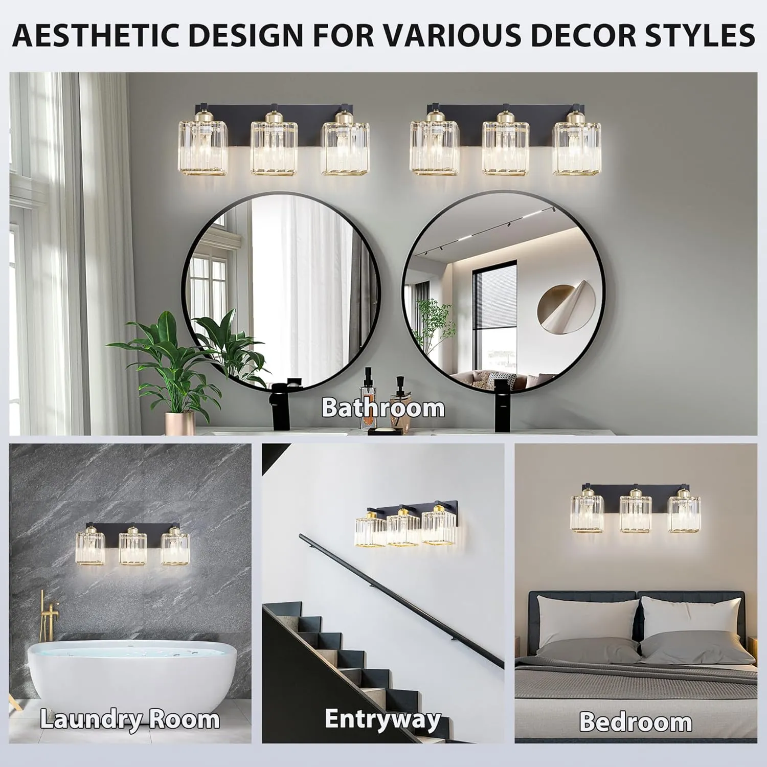 Bathroom Vanity Light Fixtures Over Mirror - Makeup Lighting Black Gold - for Modern Wall, Bath, Desk, Farmhouse, Hallway 3 Crystal Lights