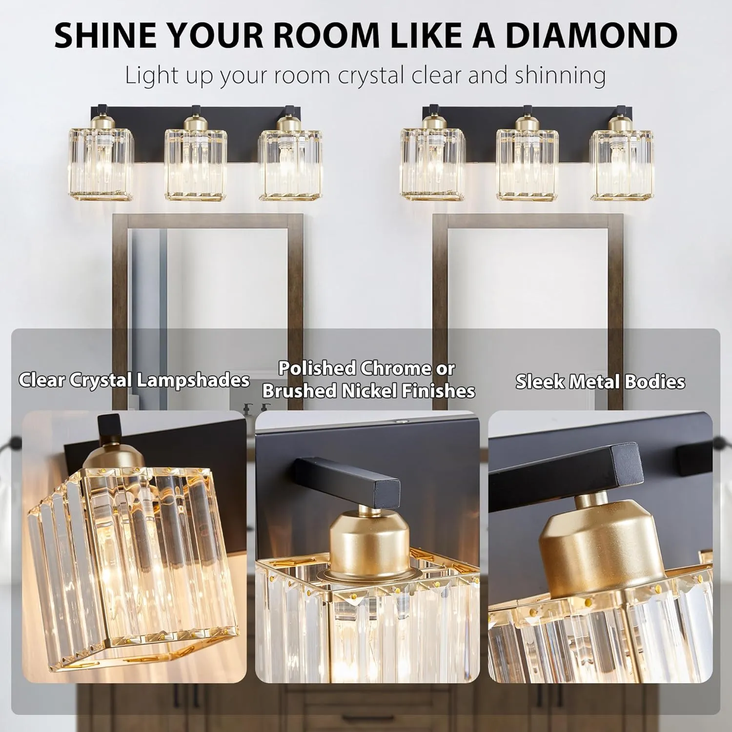 Bathroom Vanity Light Fixtures Over Mirror - Makeup Lighting Black Gold - for Modern Wall, Bath, Desk, Farmhouse, Hallway 3 Crystal Lights