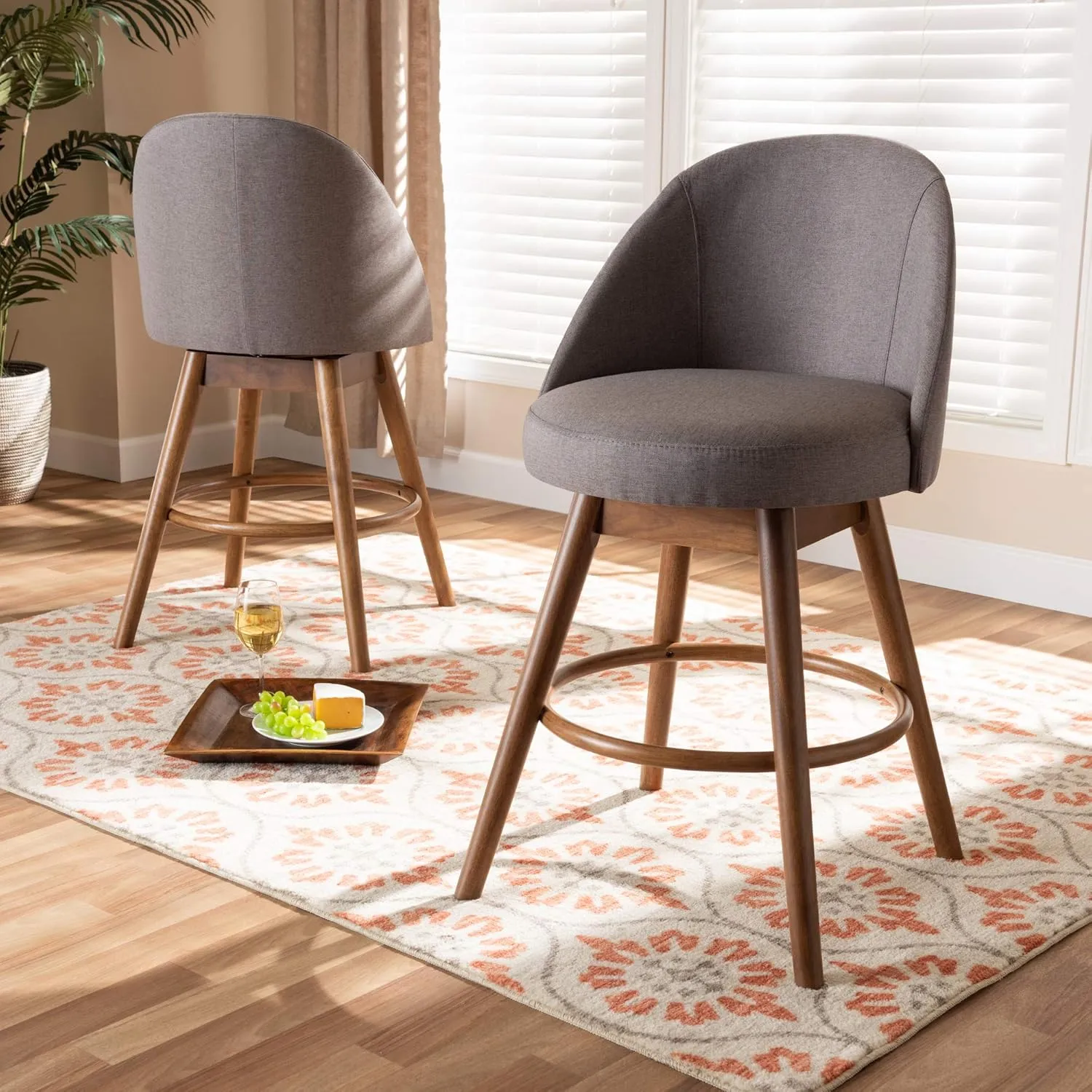 Baxton Studio Carra Mid-Century Modern Grey Fabric Upholstered Walnut-Finished Wood Swivel Counter Stool