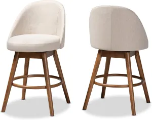 Baxton Studio Carra Mid-Century Modern Light Beige Fabric Upholstered Walnut-Finished Wood Swivel Counter Stool