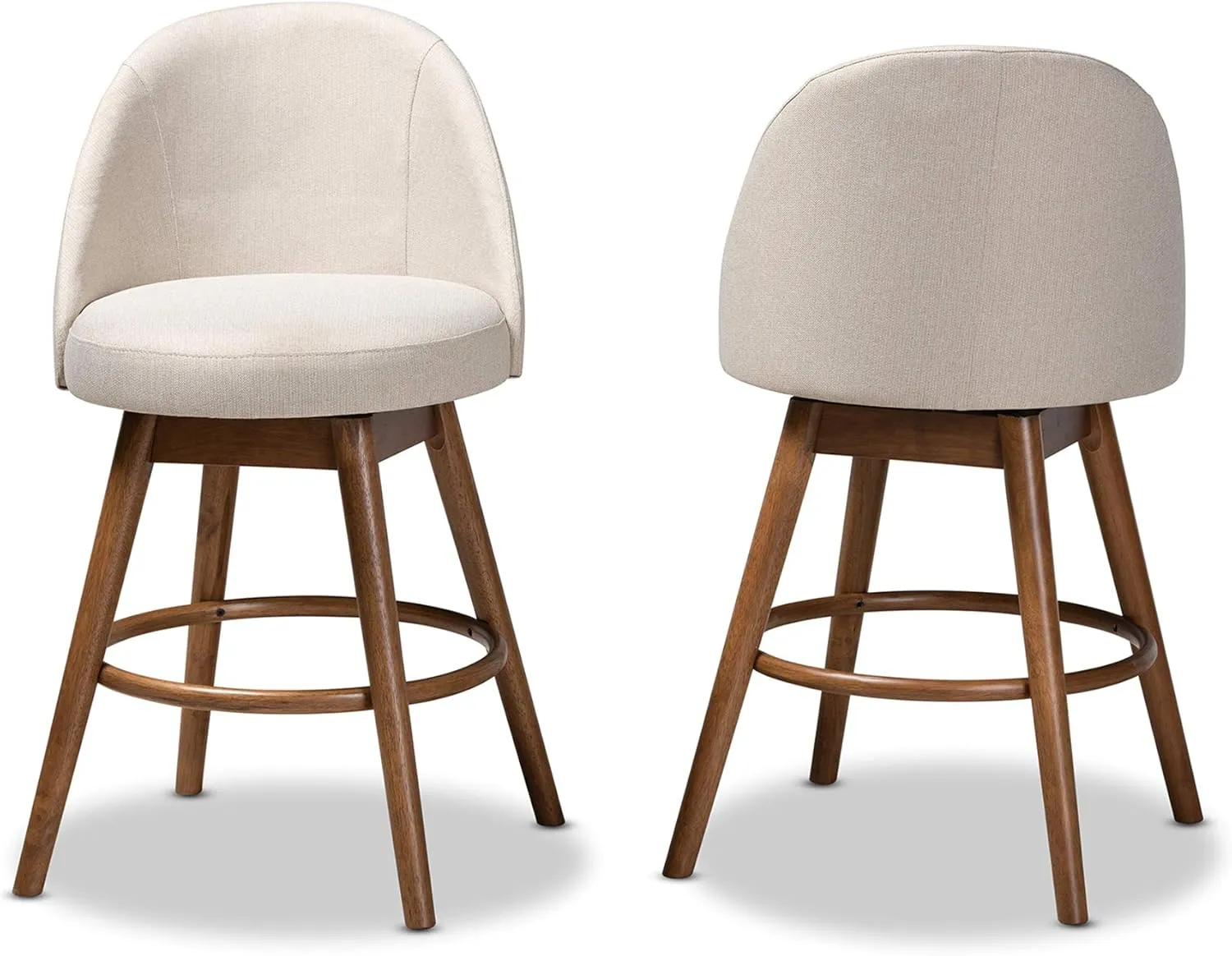 Baxton Studio Carra Mid-Century Modern Light Beige Fabric Upholstered Walnut-Finished Wood Swivel Counter Stool