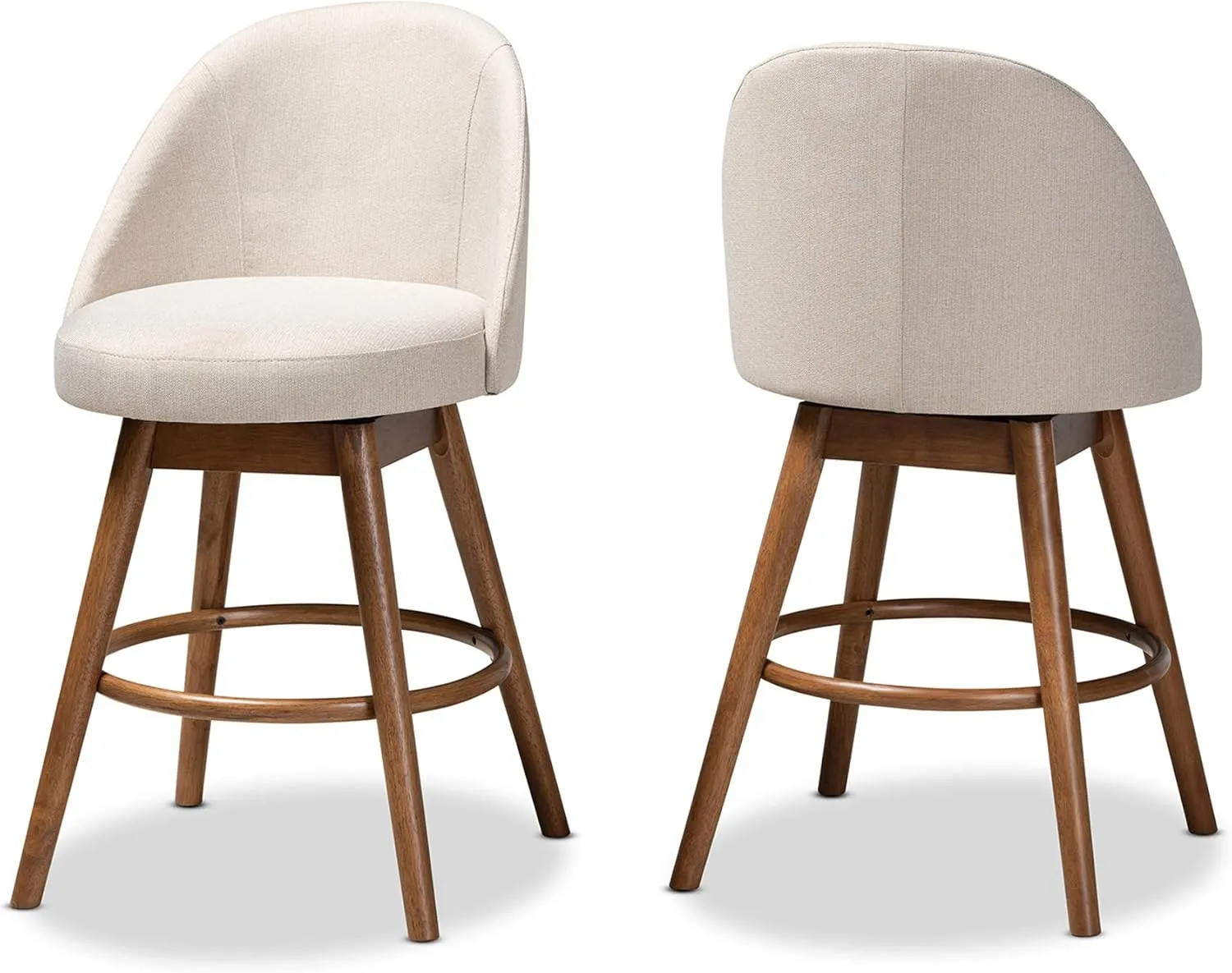 Baxton Studio Carra Mid-Century Modern Light Beige Fabric Upholstered Walnut-Finished Wood Swivel Counter Stool