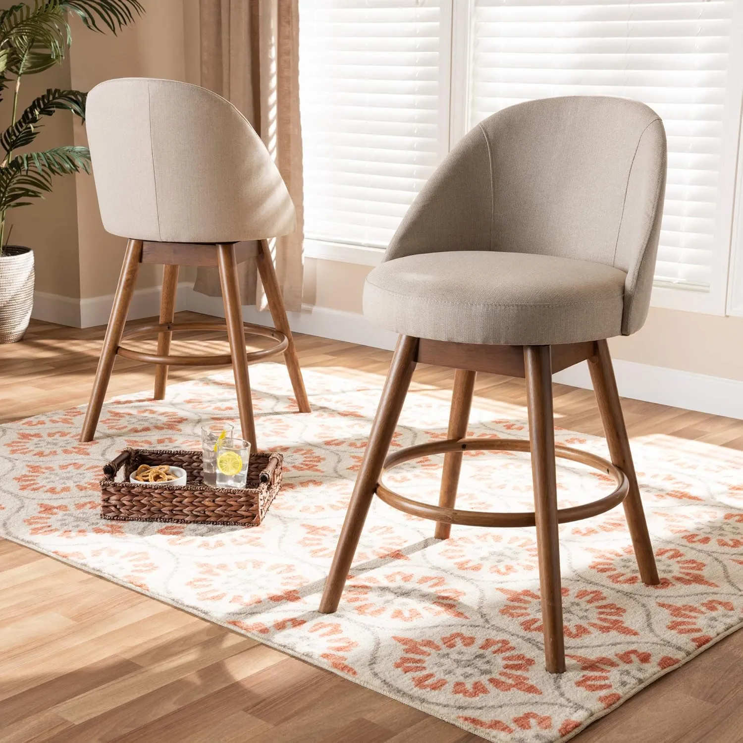 Baxton Studio Carra Mid-Century Modern Light Beige Fabric Upholstered Walnut-Finished Wood Swivel Counter Stool