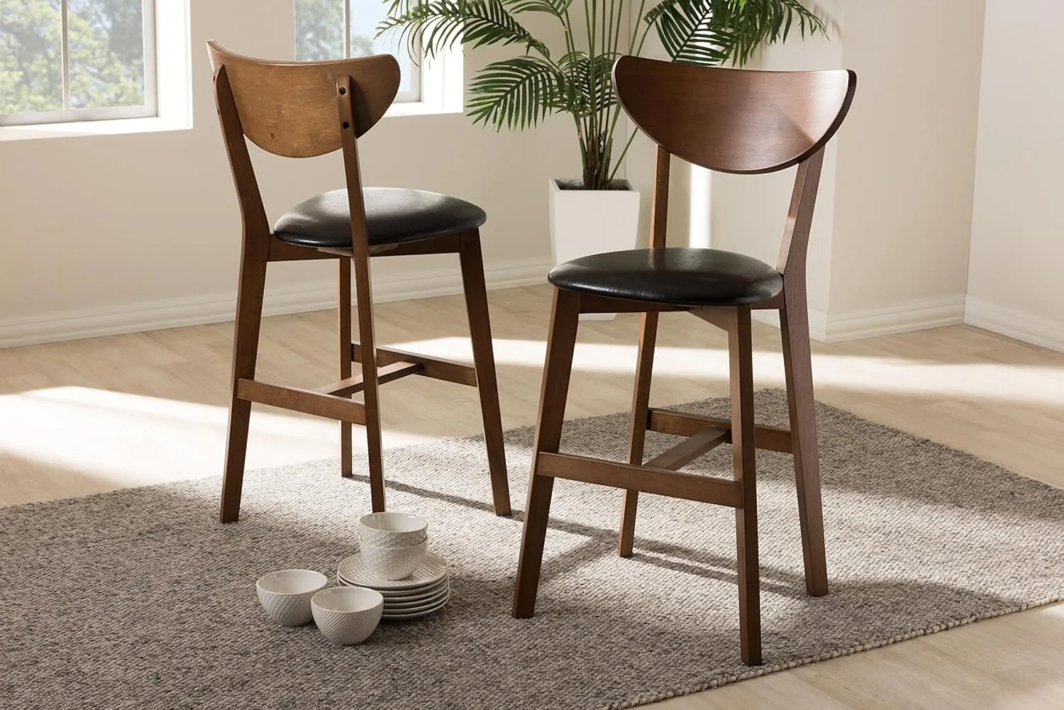 Baxton Studio Eline Mid-Century Modern Black Faux Leather Upholstered Walnut Finished Counter Stool