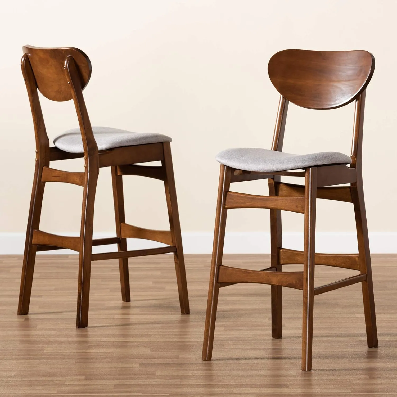 Baxton Studio Katya Mid-Century Modern Grey Fabric Upholstered and Walnut Brown Finished Wood 2-Piece Bar Stool Set