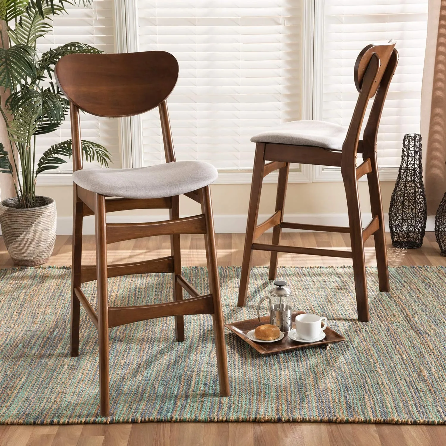 Baxton Studio Katya Mid-Century Modern Grey Fabric Upholstered and Walnut Brown Finished Wood 2-Piece Bar Stool Set