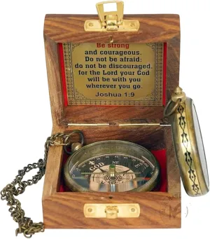 Be Strong and Courageous - Joshua 1:9 Engraved Compass with Wooden Box | Victorian Brass Stripe Design | Christian Baptism & First Communion Gift | Inspirational Confirmation Gift for Boys & Girls