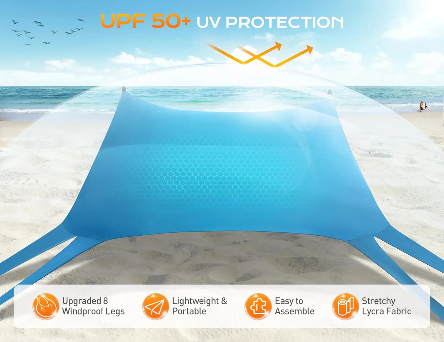 Beach Tent, Beach Canopy UPF50  UV Protection, 10x10ft Beach Shade Sun Shelter with 8 Sandbags, Sand Shovels, Ground Pegs, Stability Poles for Camping, Fishing, Picnics, Backyard Fun, Sky Blue