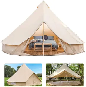 Bell Tent Glamping, Portable Folding Outdoor 4-Season Family Camping Canvas Round Bell Large Tent with Meshed Door and,with Stove Hole for Family Outdoor Camping Hi (Beige 5M) (Beige 5M)