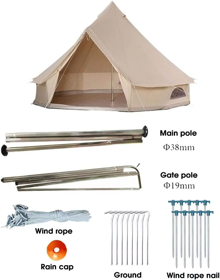 Bell Tent Glamping, Portable Folding Outdoor 4-Season Family Camping Canvas Round Bell Large Tent with Meshed Door and,with Stove Hole for Family Outdoor Camping Hi (Beige 5M) (Beige 5M)
