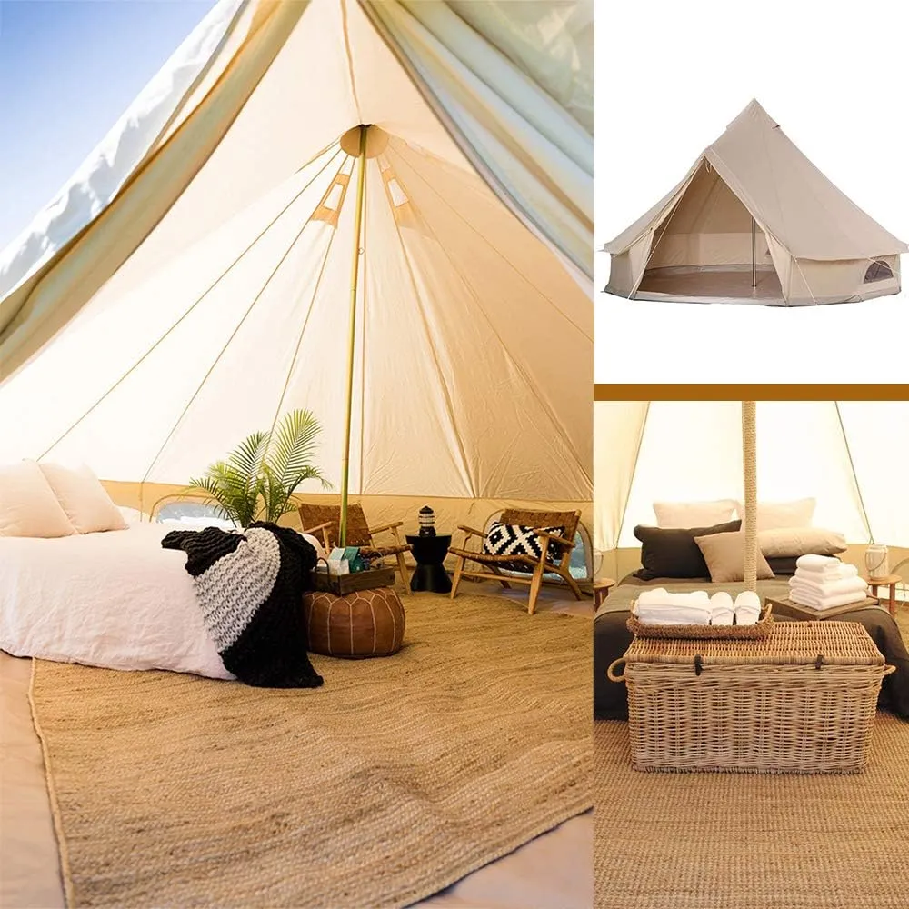 Bell Tent Glamping, Portable Folding Outdoor 4-Season Family Camping Canvas Round Bell Large Tent with Meshed Door and,with Stove Hole for Family Outdoor Camping Hi (Beige 5M) (Beige 5M)
