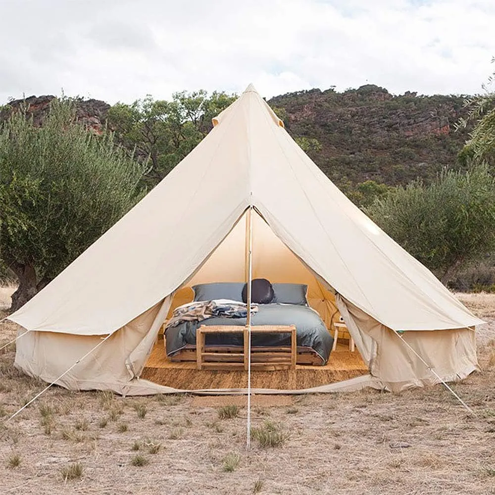 Bell Tent Glamping, Portable Folding Outdoor 4-Season Family Camping Canvas Round Bell Large Tent with Meshed Door and,with Stove Hole for Family Outdoor Camping Hi (Beige 5M) (Beige 5M)