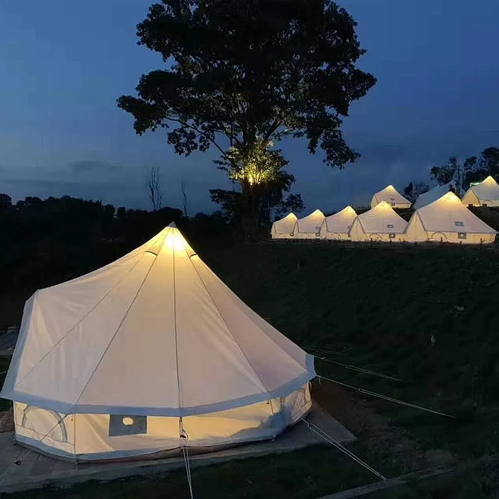 Bell Tent Glamping, Portable Folding Outdoor 4-Season Family Camping Canvas Round Bell Large Tent with Meshed Door and,with Stove Hole for Family Outdoor Camping Hi (Beige 5M) (Beige 5M)