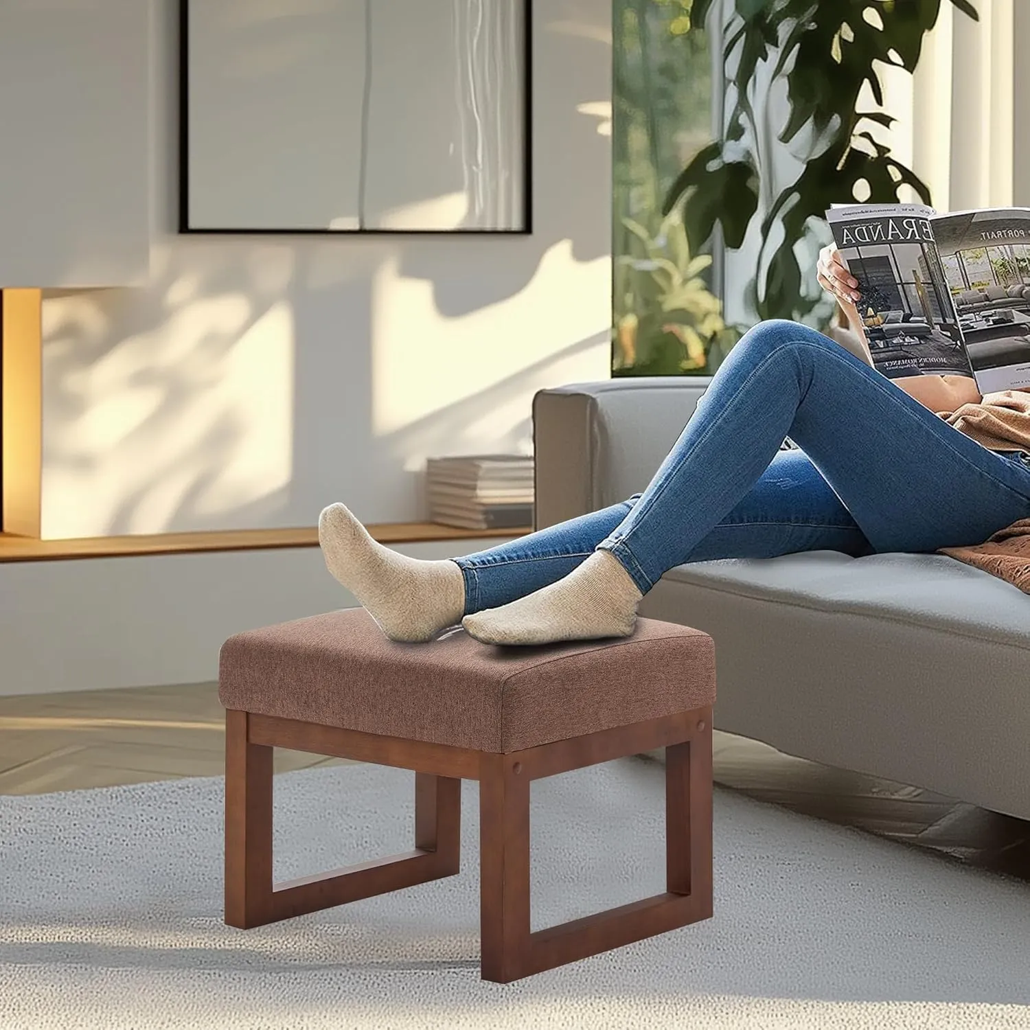 BELLEZE 19 Inch Wide Ottoman Foot Rest, Rectangle Foot Stools with Solid Wood Base and Linen Padded Seat, Stable Footstool for Living Room, Bedroom - Brown