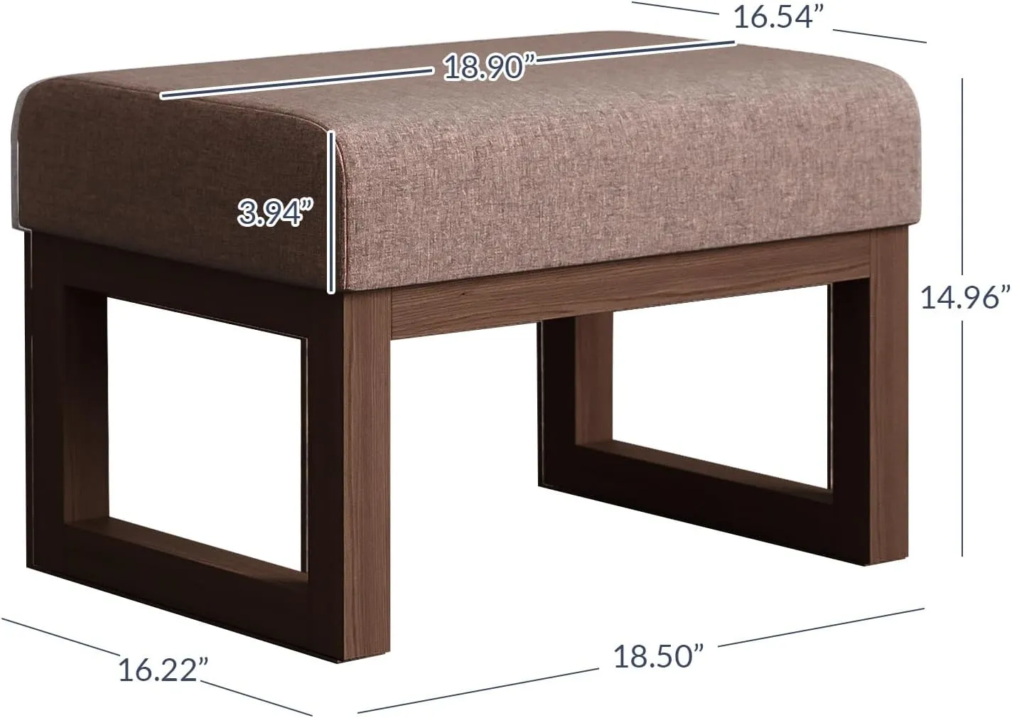BELLEZE 19 Inch Wide Ottoman Foot Rest, Rectangle Foot Stools with Solid Wood Base and Linen Padded Seat, Stable Footstool for Living Room, Bedroom - Brown