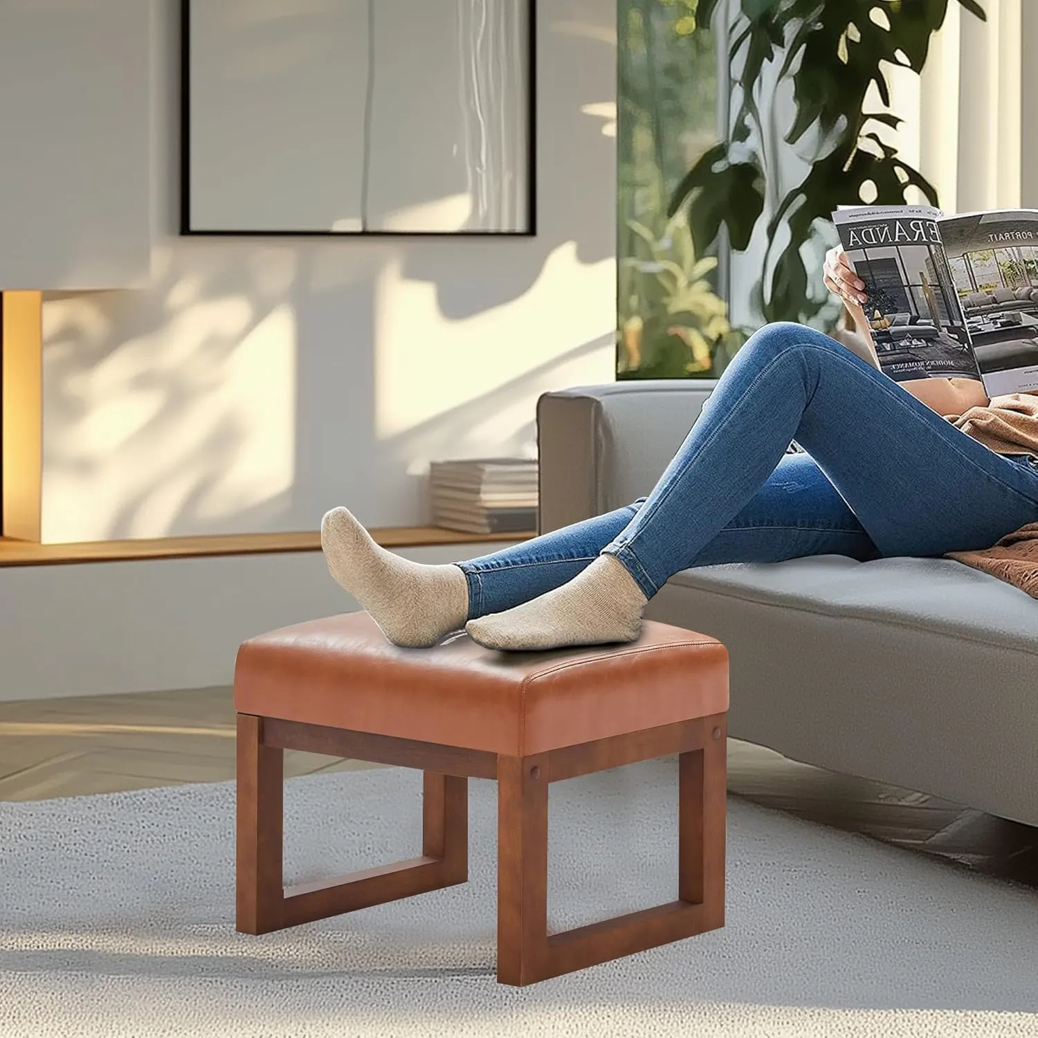 BELLEZE 19 Inch Wide Ottoman Foot Rest, Rectangle Foot Stools with Solid Wood Base and Linen Padded Seat, Stable Footstool for Living Room, Bedroom - Caramel