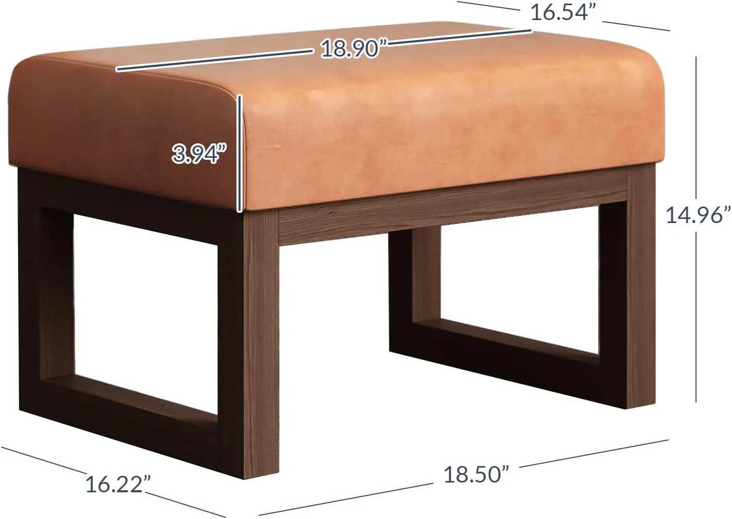 BELLEZE 19 Inch Wide Ottoman Foot Rest, Rectangle Foot Stools with Solid Wood Base and Linen Padded Seat, Stable Footstool for Living Room, Bedroom - Caramel