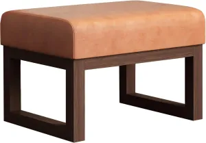 BELLEZE 19 Inch Wide Ottoman Foot Rest, Rectangle Foot Stools with Solid Wood Base and Linen Padded Seat, Stable Footstool for Living Room, Bedroom - Caramel