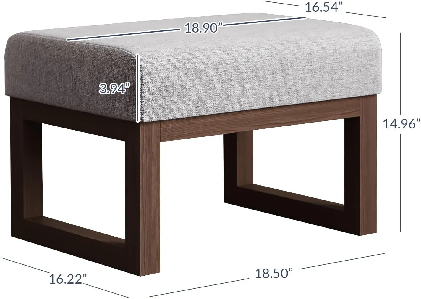 BELLEZE 19 Inch Wide Ottoman Foot Rest, Rectangle Foot Stools with Solid Wood Base and Linen Padded Seat, Stable Footstool for Living Room, Bedroom - Grey