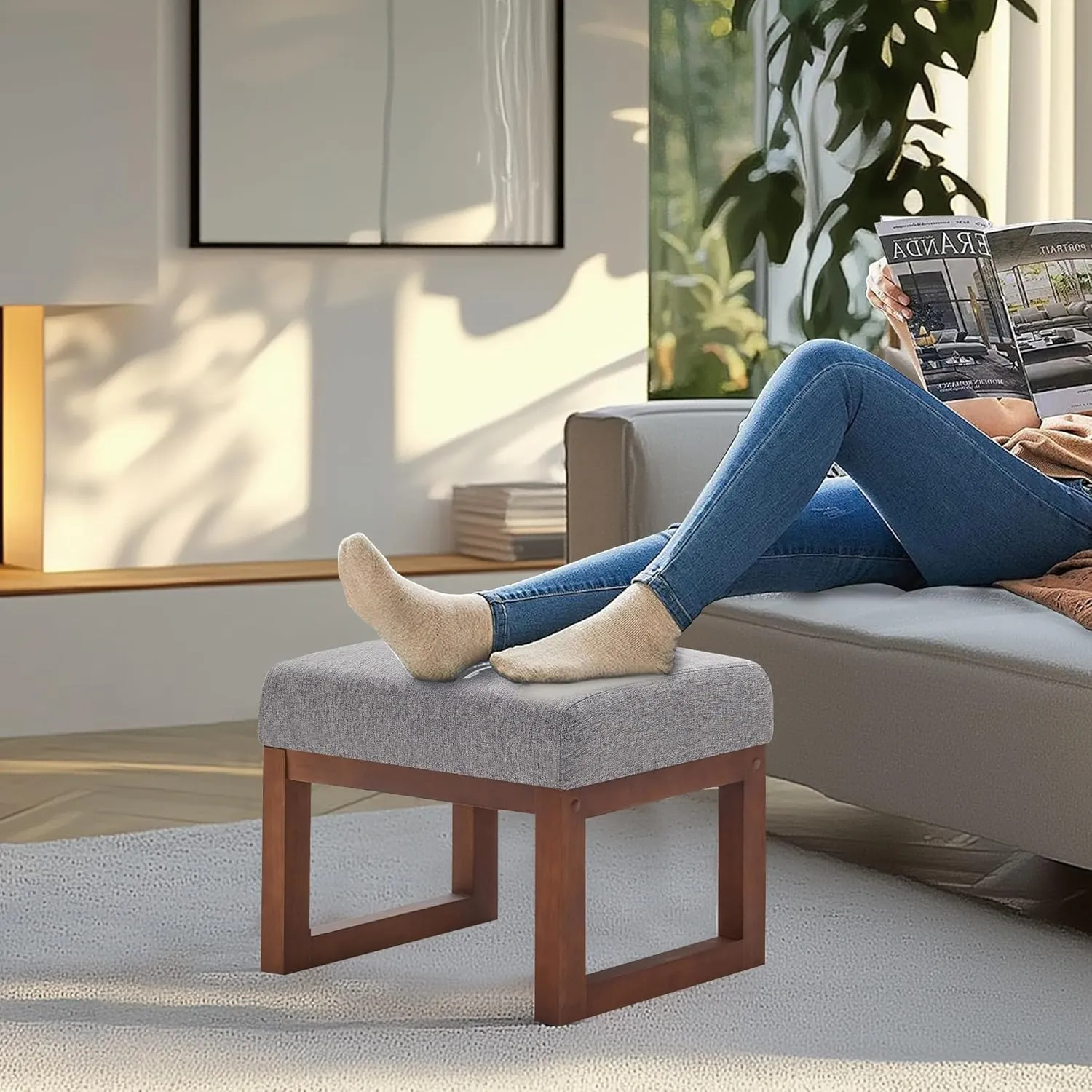 BELLEZE 19 Inch Wide Ottoman Foot Rest, Rectangle Foot Stools with Solid Wood Base and Linen Padded Seat, Stable Footstool for Living Room, Bedroom - Grey