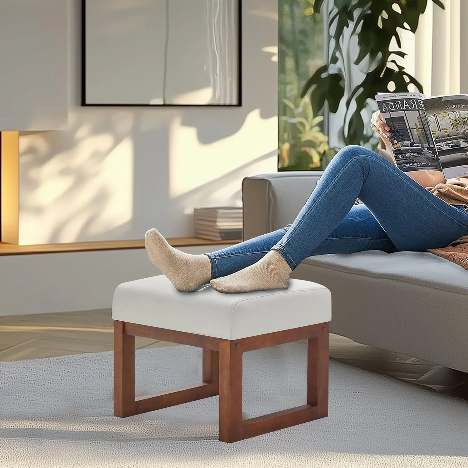 BELLEZE 19 Inch Wide Ottoman Foot Rest, Rectangle Foot Stools with Solid Wood Base and Linen Padded Seat, Stable Footstool for Living Room, Bedroom - White