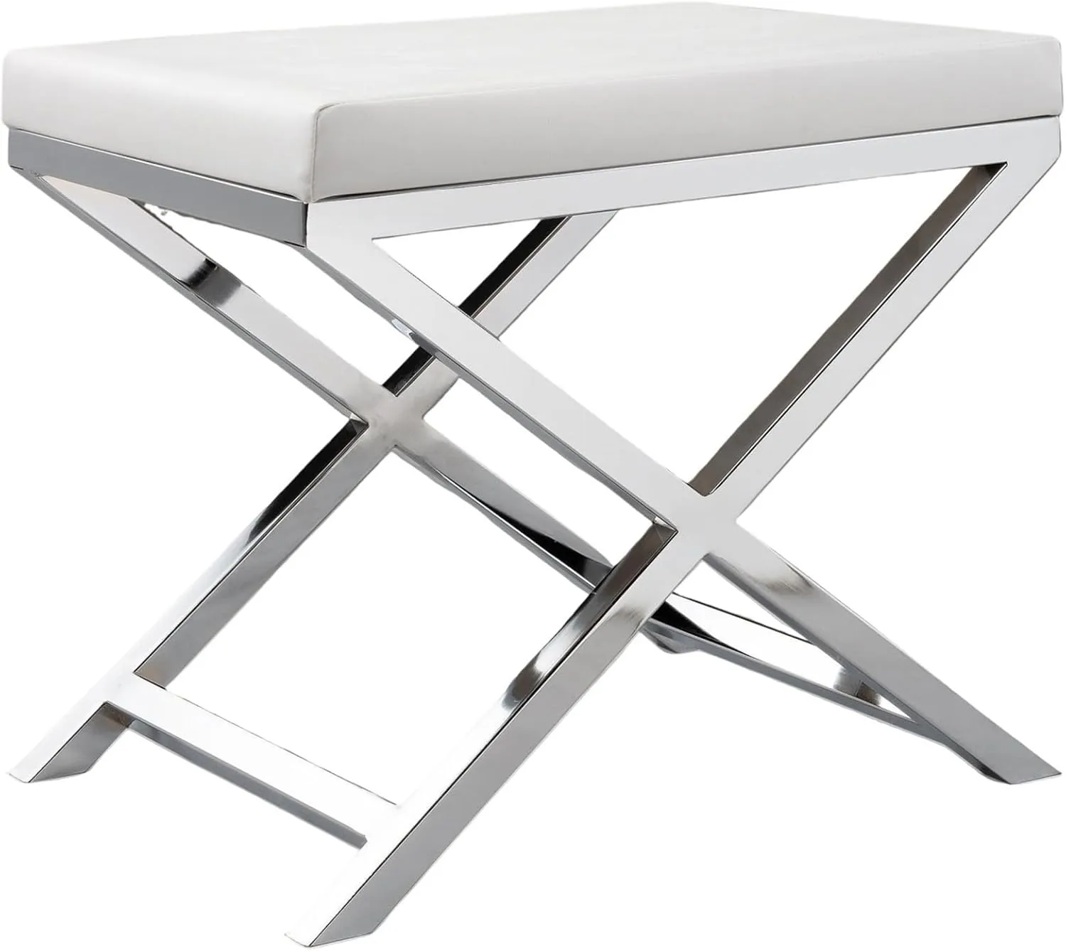 Benjara BM304677 18 in. Sumi Faux Leather Padded Seat Stool with Crossed Chrome Legs White