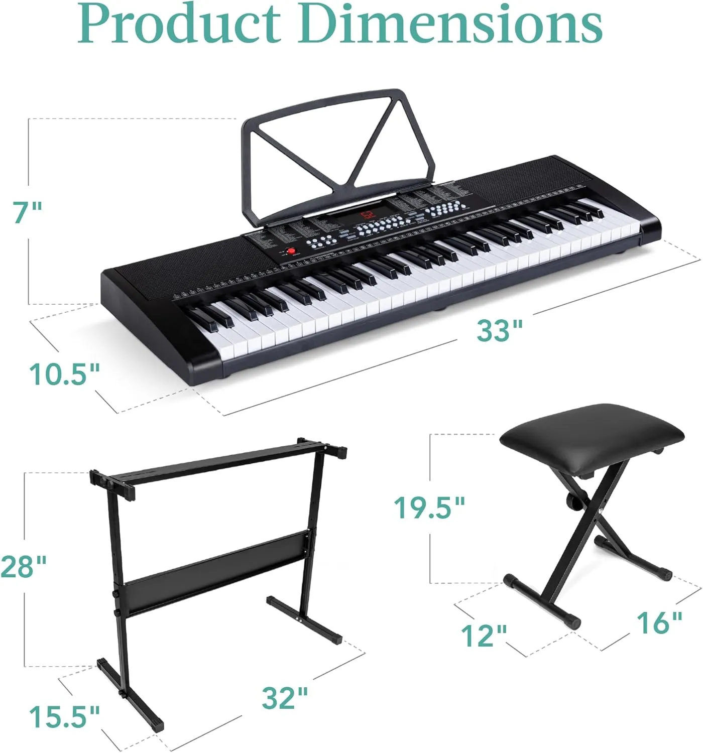 Best Choice Products 61-Key Electronic Keyboard Piano Portable Electric Keyboard Complete Beginner Set w/LED Screen, Stand, Bench, Headphones - Black